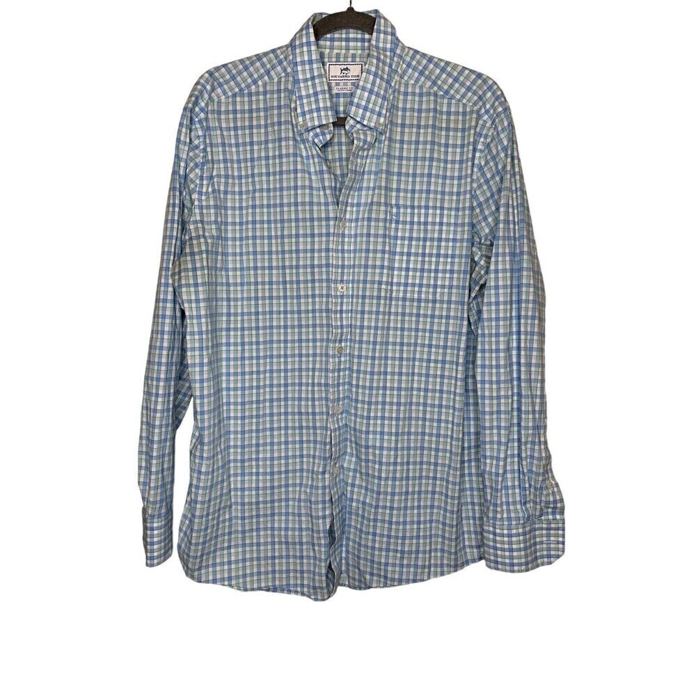 Southern Tide Button Up Shirt Long Sleeve Blue Plaid Men’s Size Large Cotton